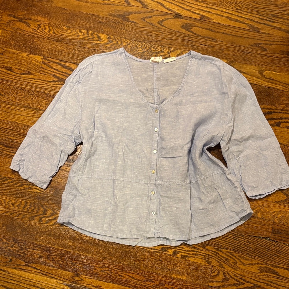 Sigrid Olsen XL Light Blue Button-Front Linen Tunic mother of pearl buttons